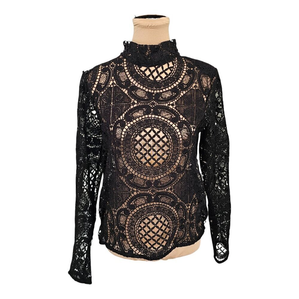 Brunette the Label Black Lace Top With Shoulder Pads Sz S
